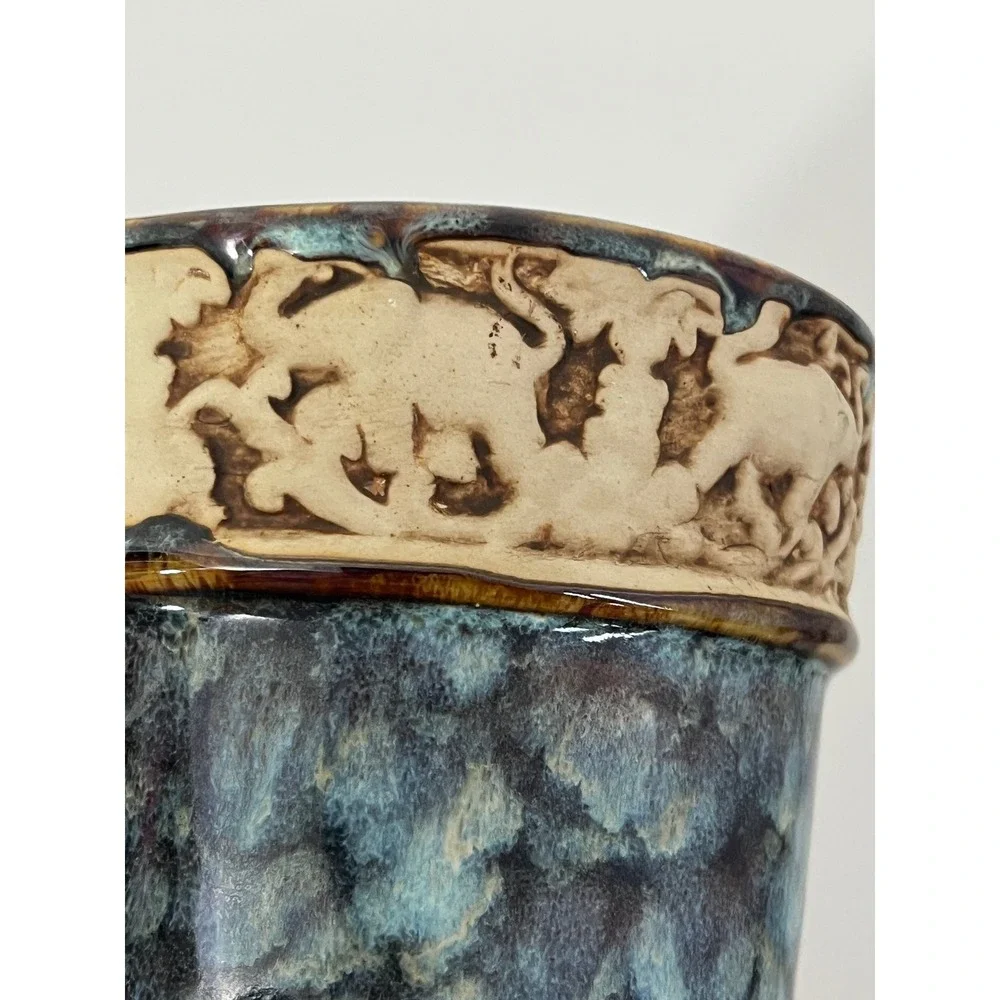 Unbranded Elephant Relief Ceramic Vase OS Blue Brown Mottled‎ Glaze Boho Decor